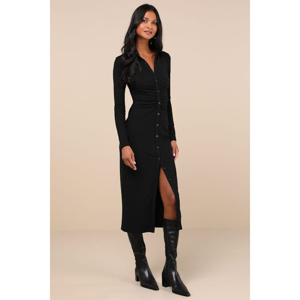 Lulus A Little Prep Black Button-up Bodycon Midi Dress - Size M